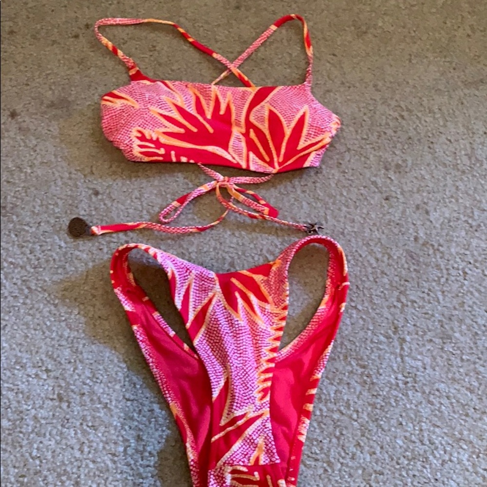 Aerie Red & Yellow Tropical Thong Swimsuit NWOT